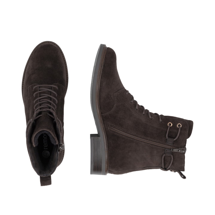 Dunkelbraune remonte Damen Schnürstiefel D2W80-25 mit einem Reißverschluss. Schuh von oben, liegend.