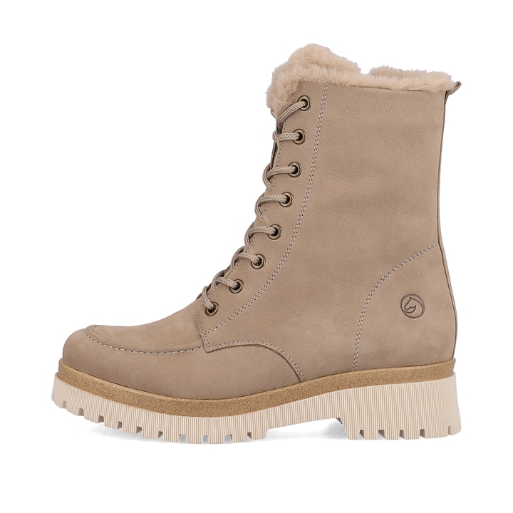 
Vanillebeige remonte Damen Schnürstiefel D1B74-60 mit einer dämpfenden Profilsohle. Schuh Außenseite