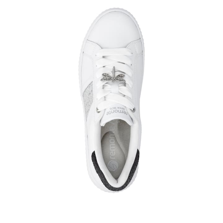 Weiße remonte Damen Schnürschuhe D3E02-80 mit dekorativem Schmuckdetail. Schuh von oben.