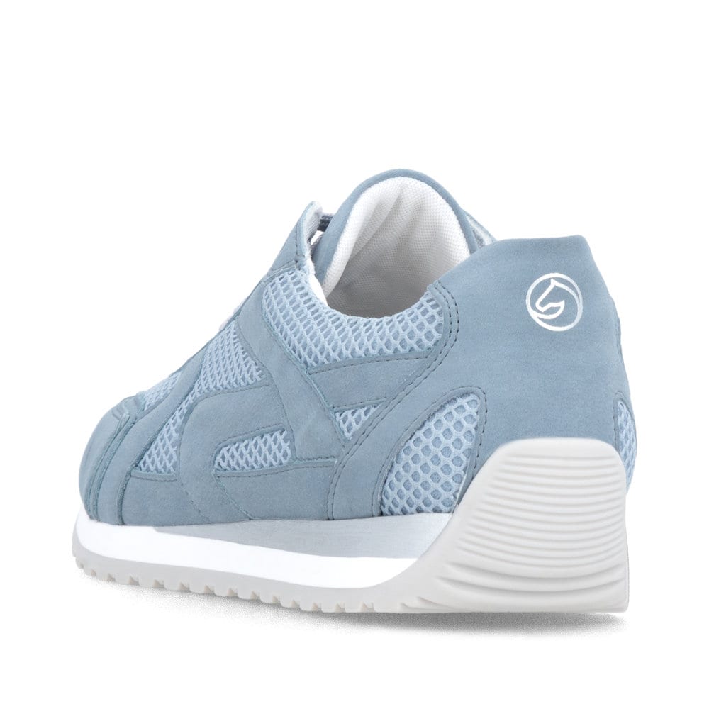 Blaue vegane remonte Damen Sneaker D3H01-10 mit Schnürung sowie der Extraweite H. Schuh von hinten.