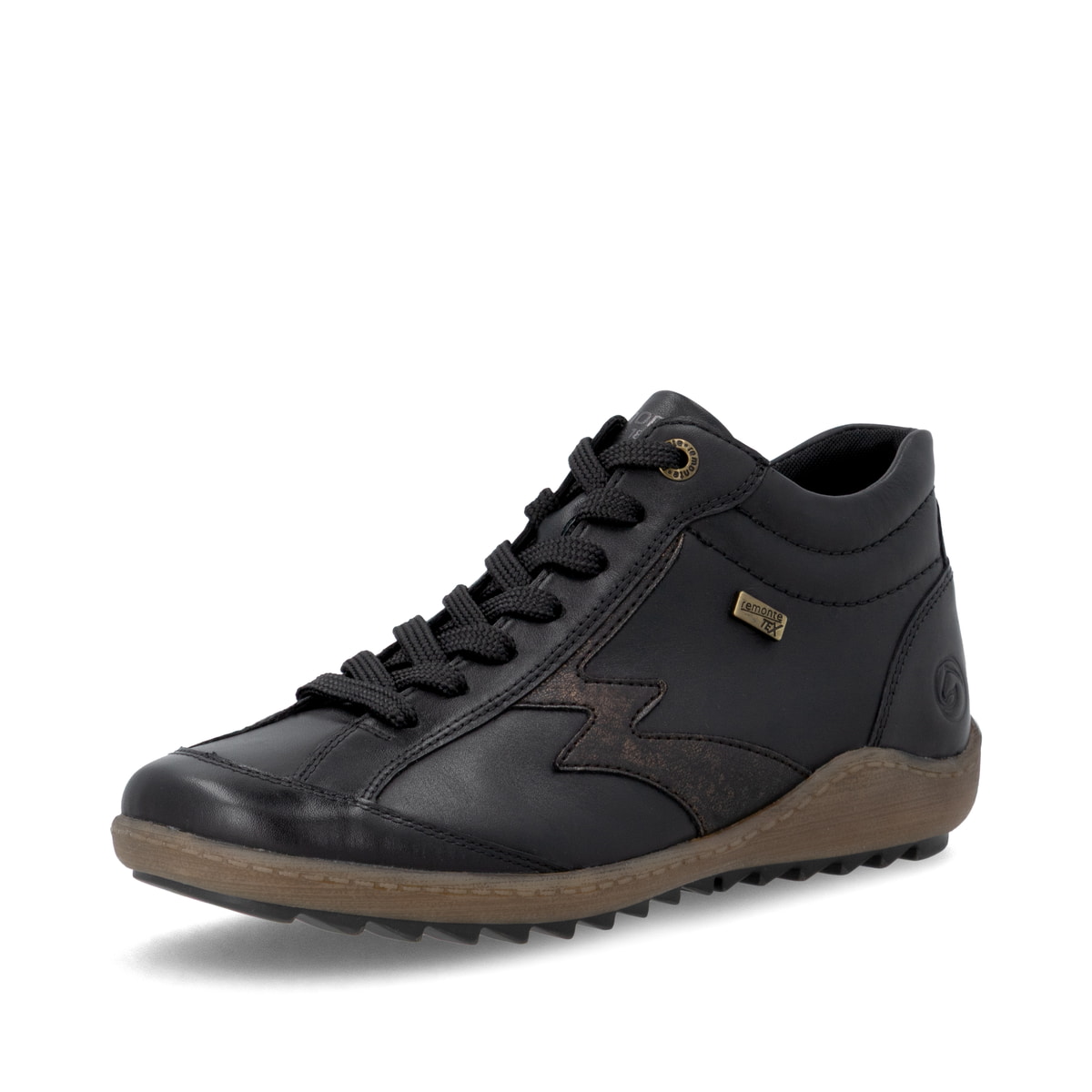 Schwarz-bronzene remonte Damen Schnürstiefel R1454-03. Schuh seitlich schräg.