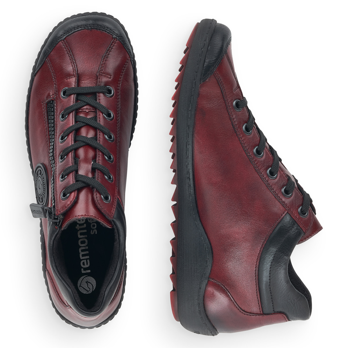 Weinrot-schwarze remonte Damen Schnürstiefel R1477-35 mit einem Reißverschluss. Schuh von oben, liegend.