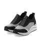 Schwarze vegane remonte Damen Slipper D0T08-03 mit einem Reißverschluss. Schuhpaar seitlich schräg.