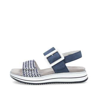 Blaue vegane remonte Riemchensandalen D1J53-14 mit einem Klettverschluss. Schuh Außenseite.