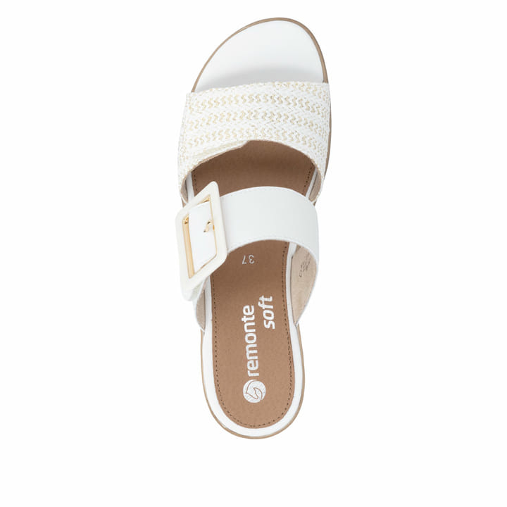 Weiße remonte Damen Pantoletten D6463-80 mit trendiger Schnalle. Schuh von oben.