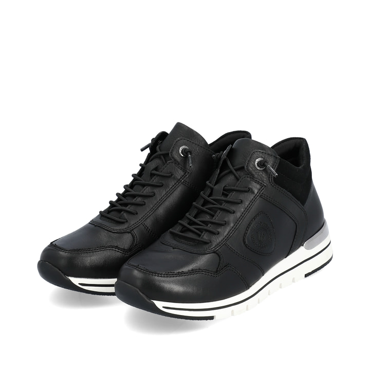 
Nachtschwarze remonte Damen Sneaker R6771-01 mit Schnürung und Reißverschluss. Schuhpaar schräg.