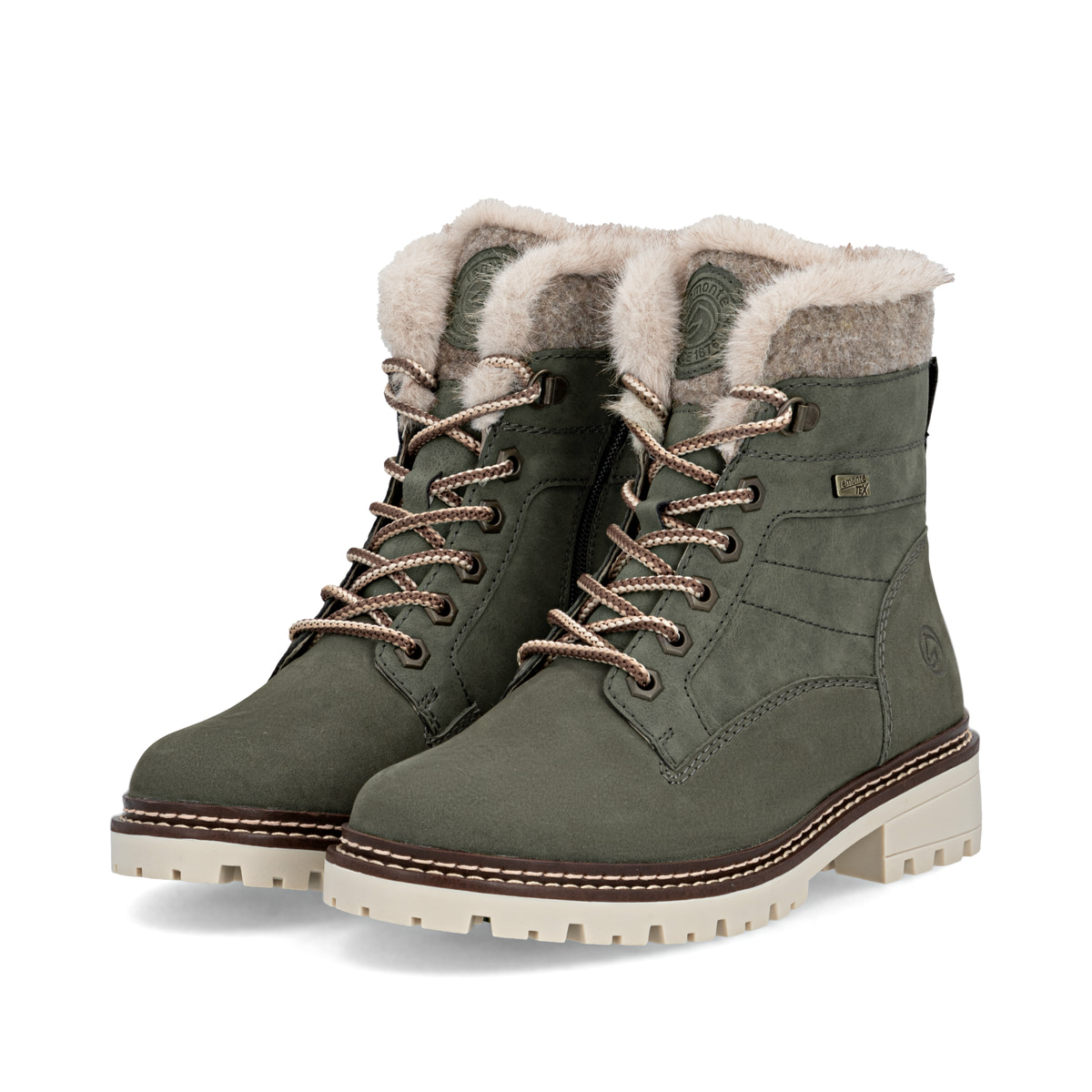 Dunkelgrüne remonte Damen Schnürstiefel D0B81-54 mit griffiger Glass-Fibre Sohle. Schuhpaar seitlich schräg.