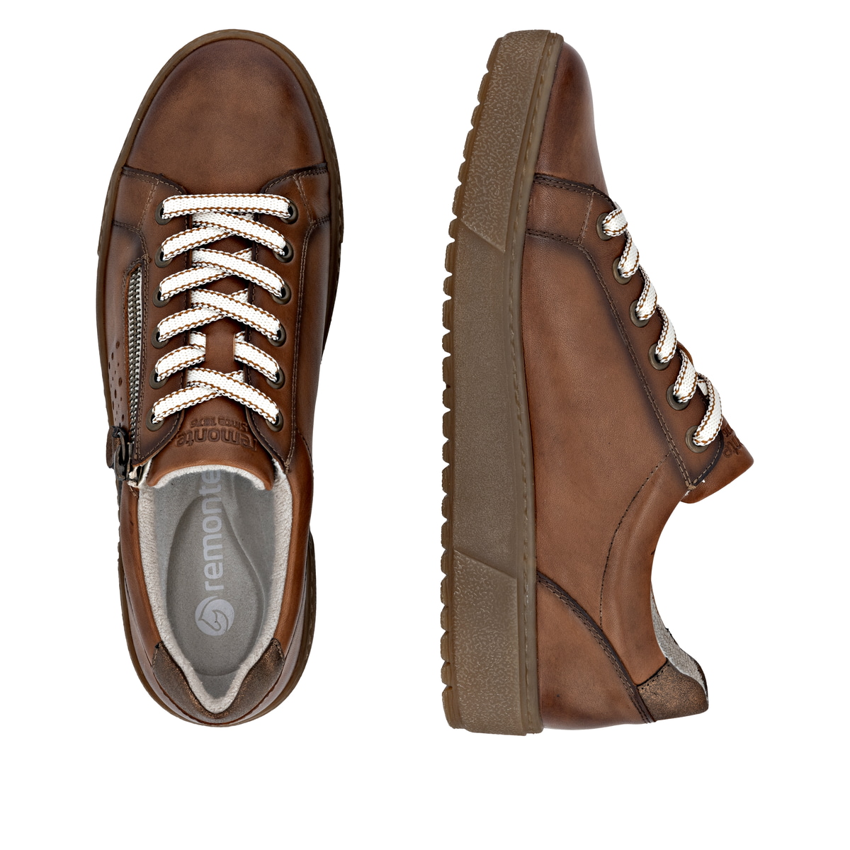 Braune remonte Damen Sneaker D2T00-24 mit wasserabweisender remonteTEX-Membran. Schuh von oben, liegend.