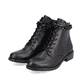 
Glanzschwarze remonte Damen Biker Boots D0F74-01 mit Schnürung und Reißverschluss. Schuhpaar schräg.