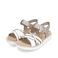 Metallische vegane remonte Riemchensandalen D2K55-90 mit einem Klettverschluss. Schuhpaar seitlich schräg.