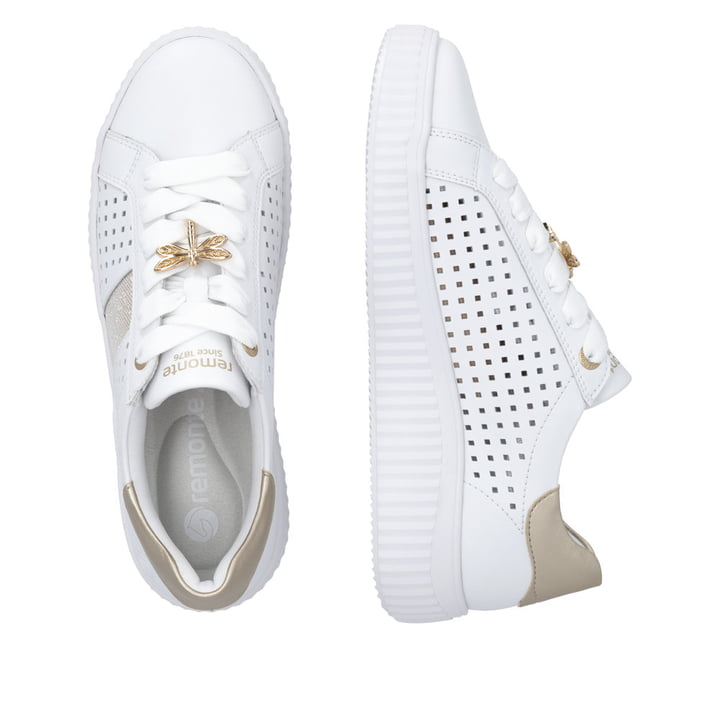 Weißbeige remonte Damen Schnürschuhe D3E04-80 mit dekorativem Schmuckdetail. Schuh von oben, liegend.