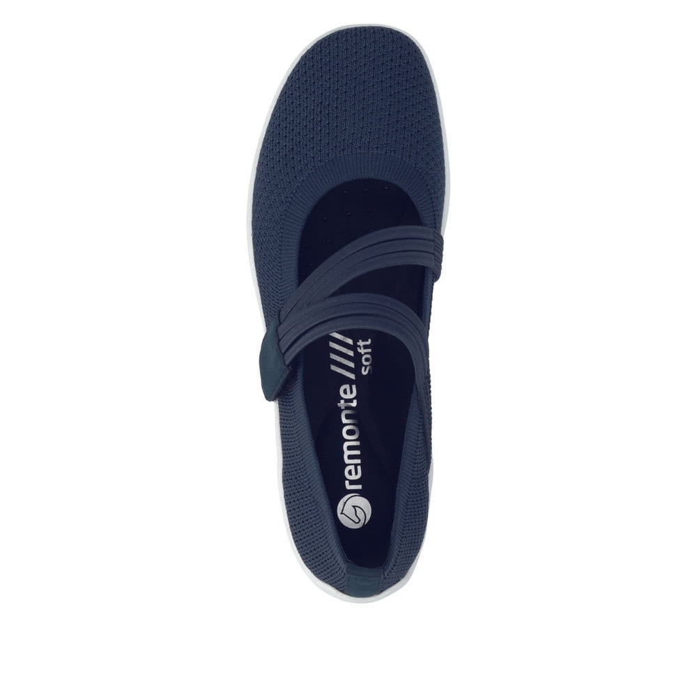 Blaue remonte Ballerinas R3519-14 mit einem Klettverschluss sowie Komfortweite G. Schuh von oben.