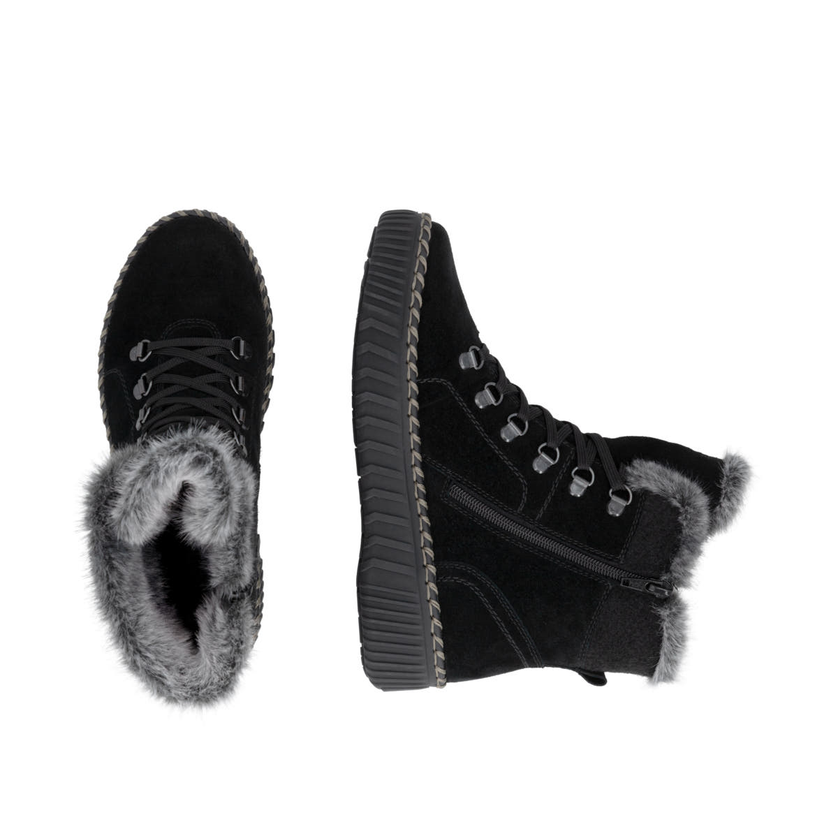 Schwarze remonte Damen Schnürstiefel D4A70-03 mit wasserabweisender TEX-Membran. Schuh von oben, liegend.