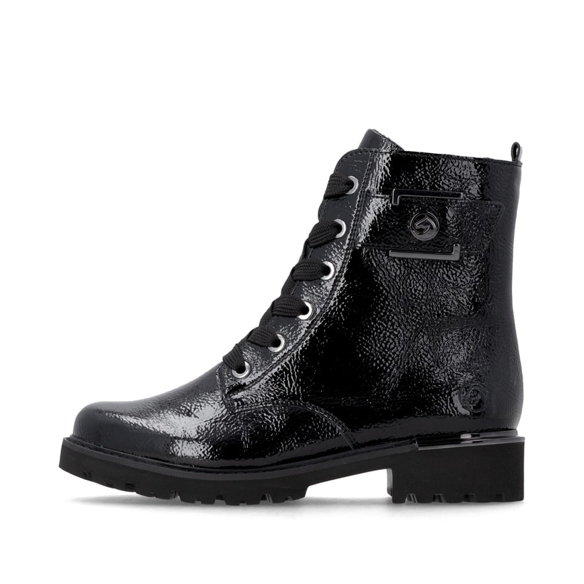 Vegane, schwarze remonte Damen Schnürstiefel D8683-03 mit einem Reißverschluss. Schuh Außenseite.