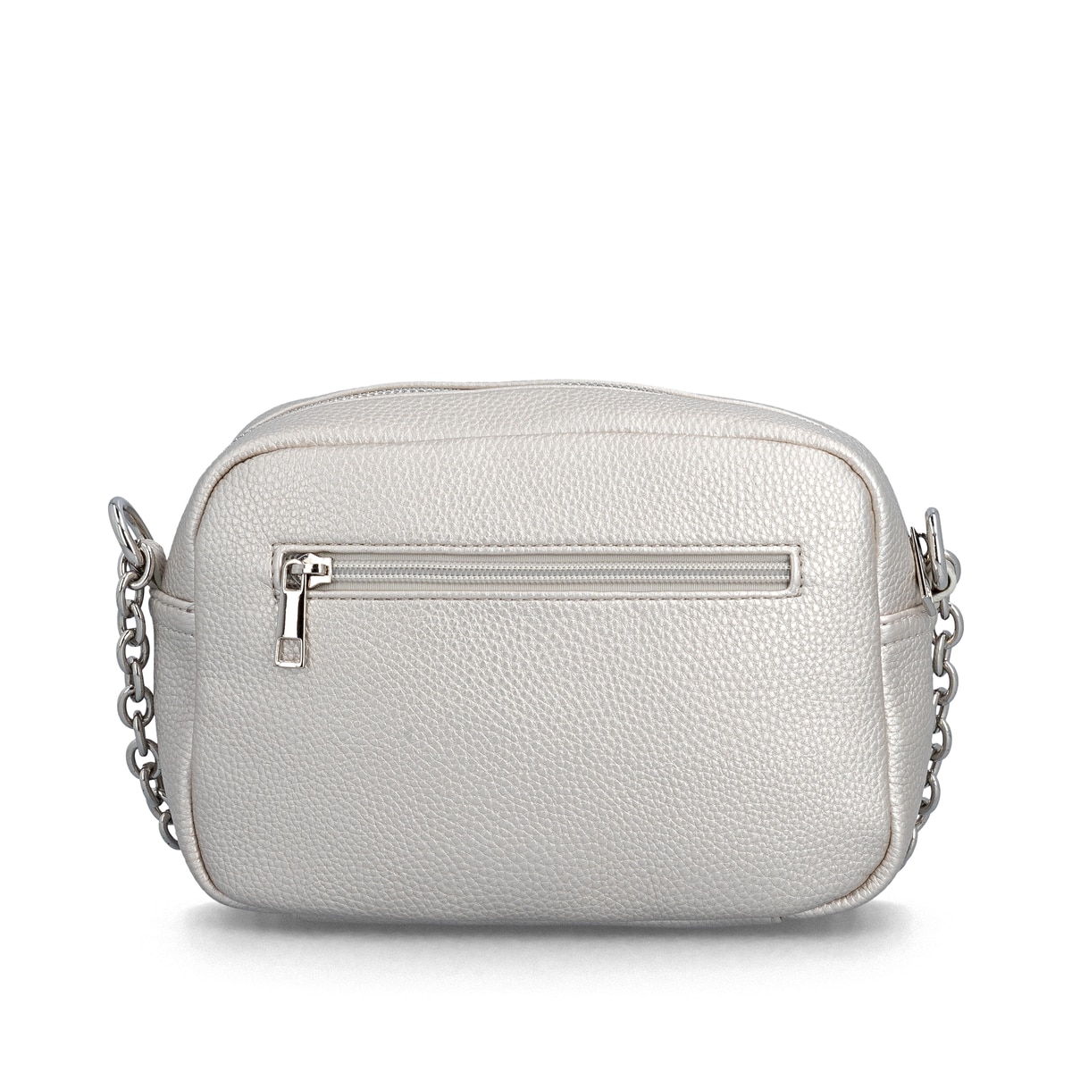 Sac à main remonte Q0667-90 gris avec détails de chaîne et fermeture éclair. Arrière.
