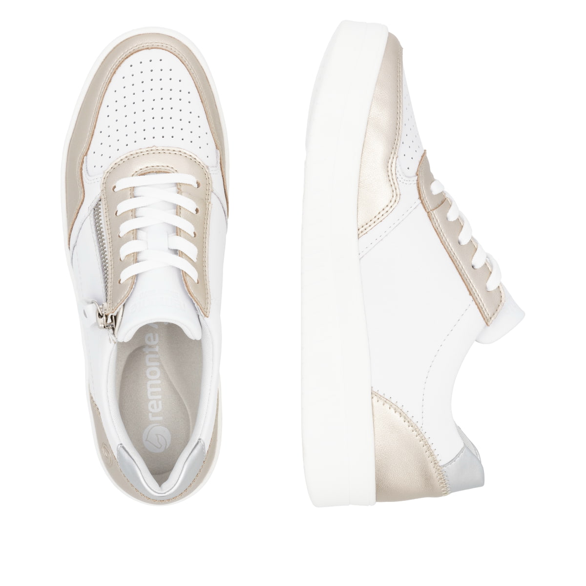 Weiße remonte Damen Sneaker Low D0J05-81 mit einem Reißverschluss. Schuh von oben, liegend.