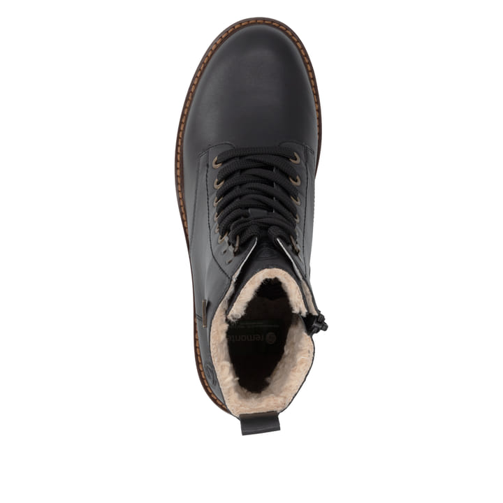 Schwarze remonte Damen Schnürstiefel D0A81-03 mit wasserabweisender TEX-Membran. Schuh von oben.