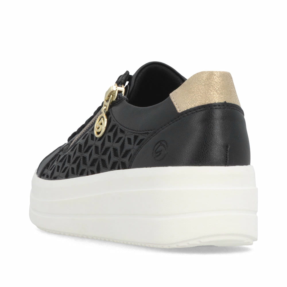 Baskets basses remonte noires pour femme D1C11-03 avec fermeture éclair. Chaussure vue de l'arrière.