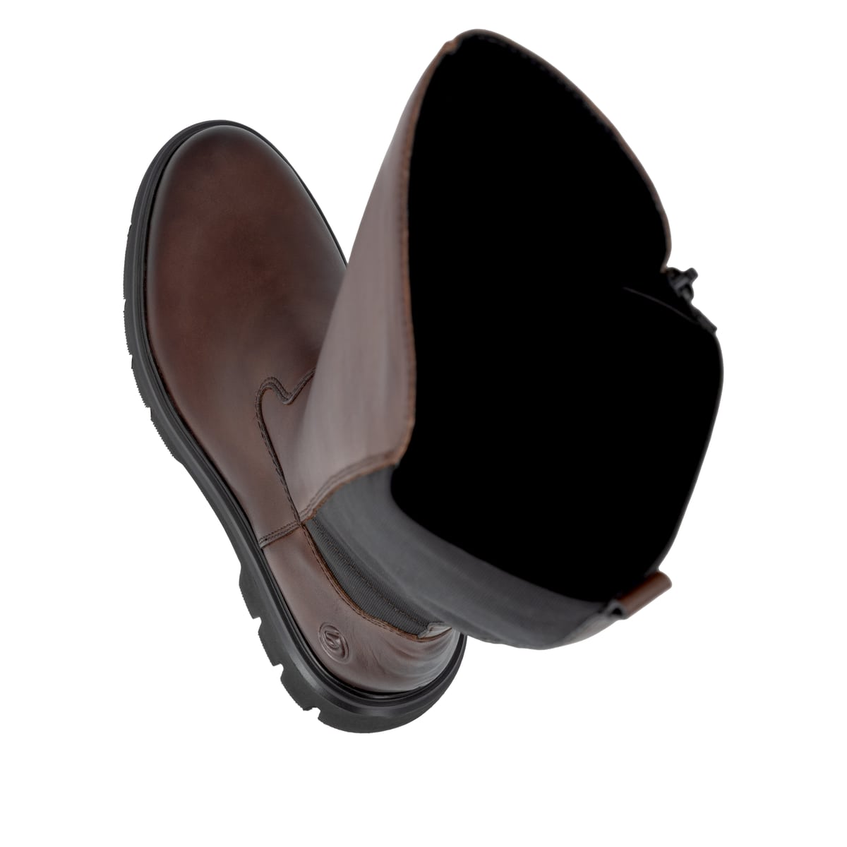 Dunkelbraune remonte Hochschaftstiefel D1W77-25 mit einem Reißverschluss. Schuh von oben, liegend.