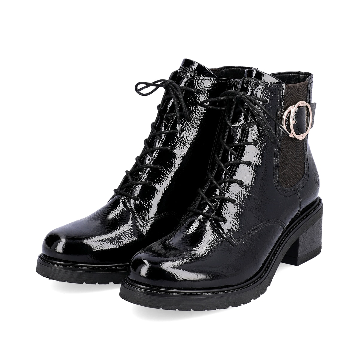 Glanzschwarze remonte Damen Biker Boots D1A72-01 mit Schnürung und Reißverschluss. Schuhpaar schräg.
