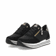 Schwarze vegane remonte Damen Sneaker Low D1316-03 mit einem Reißverschluss. Schuhpaar seitlich schräg.