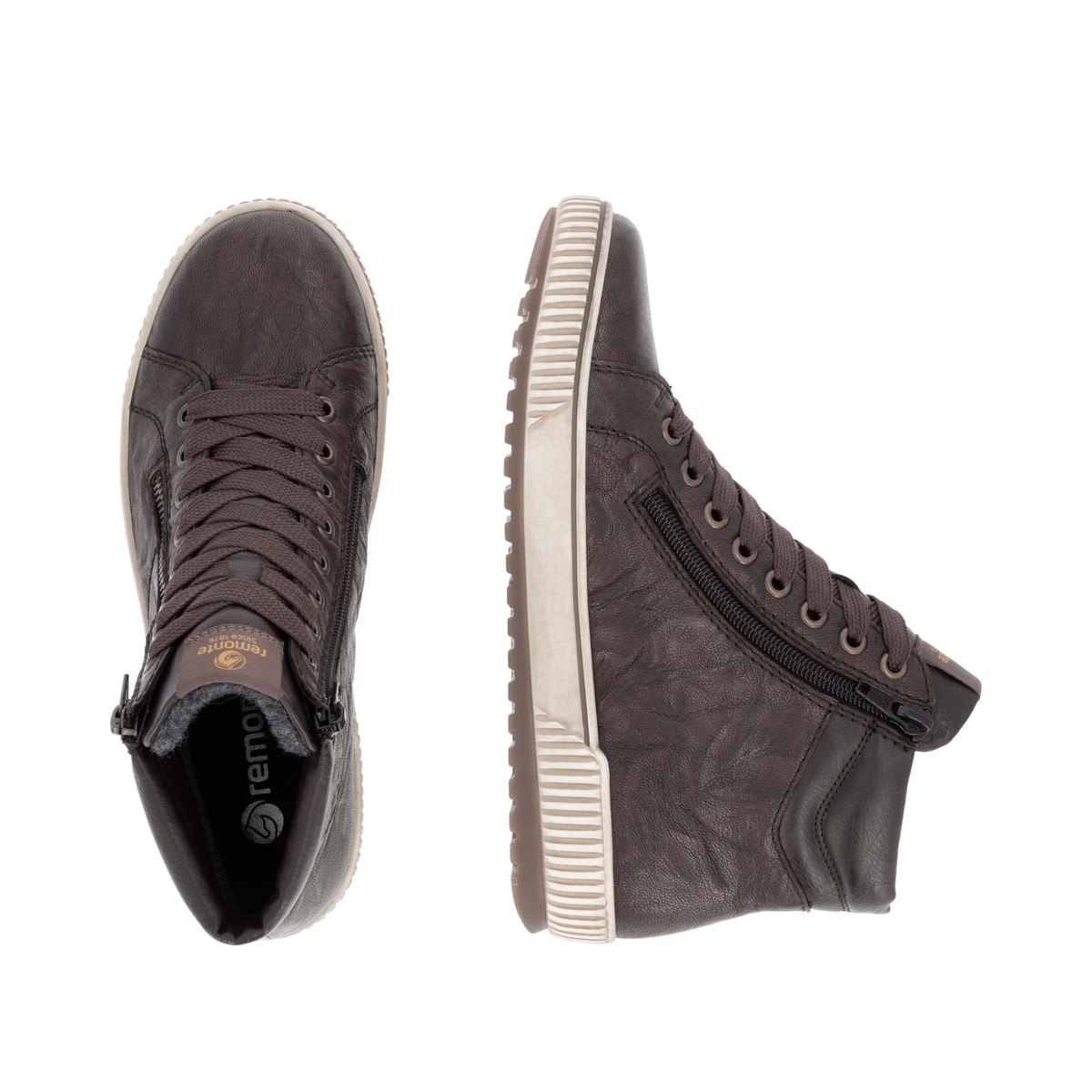 Dunkelbraune remonte Damen Schnürstiefel D0772-25. Schuh von oben, liegend.