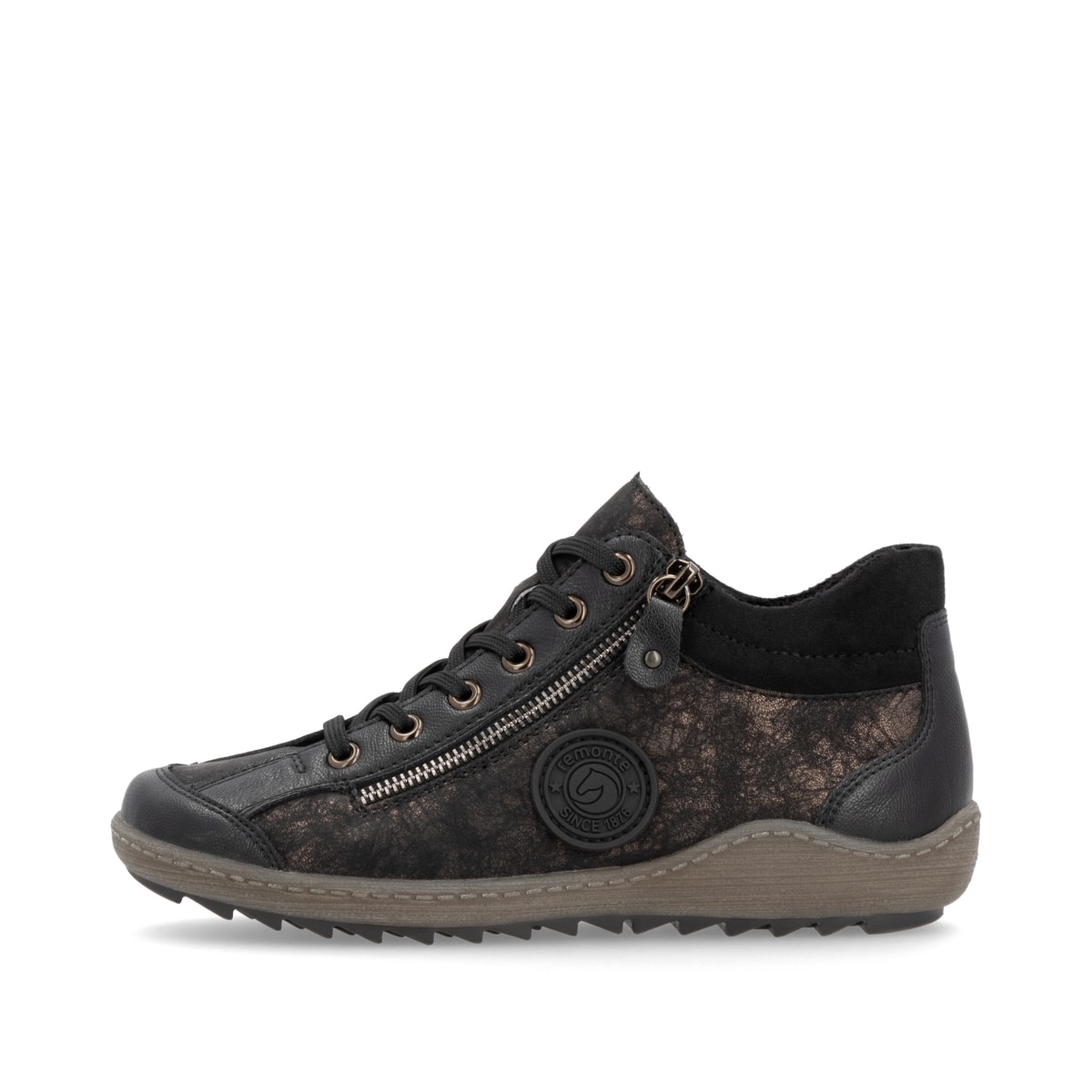 Schwarz-bronzene remonte Damen Schnürstiefel R1477-90 mit einem Reißverschluss. Schuh Außenseite.