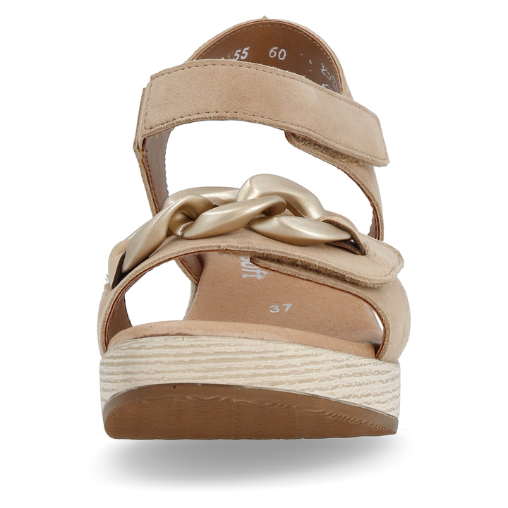 Braunbeige remonte Riemchensandaletten D0N55-60 mit einem Klettverschluss. Schuh von vorne.