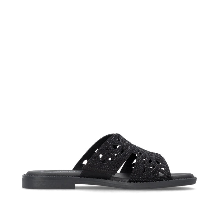 Mules remonte noires vegan pour femme D3647-00 avec bande élastique. Côté intérieur de la chaussure.