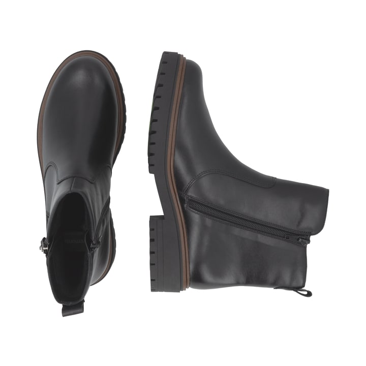 Schwarze remonte Damen Kurzstiefel D4B72-00 mit wasserabweisender TEX-Membran. Schuh von oben, liegend.