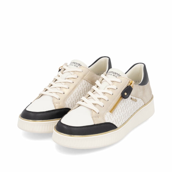 Weiße remonte Damen Sneaker D2E04-80 mit Reißverschluss sowie der Komfortweite G. Schuhpaar seitlich schräg.