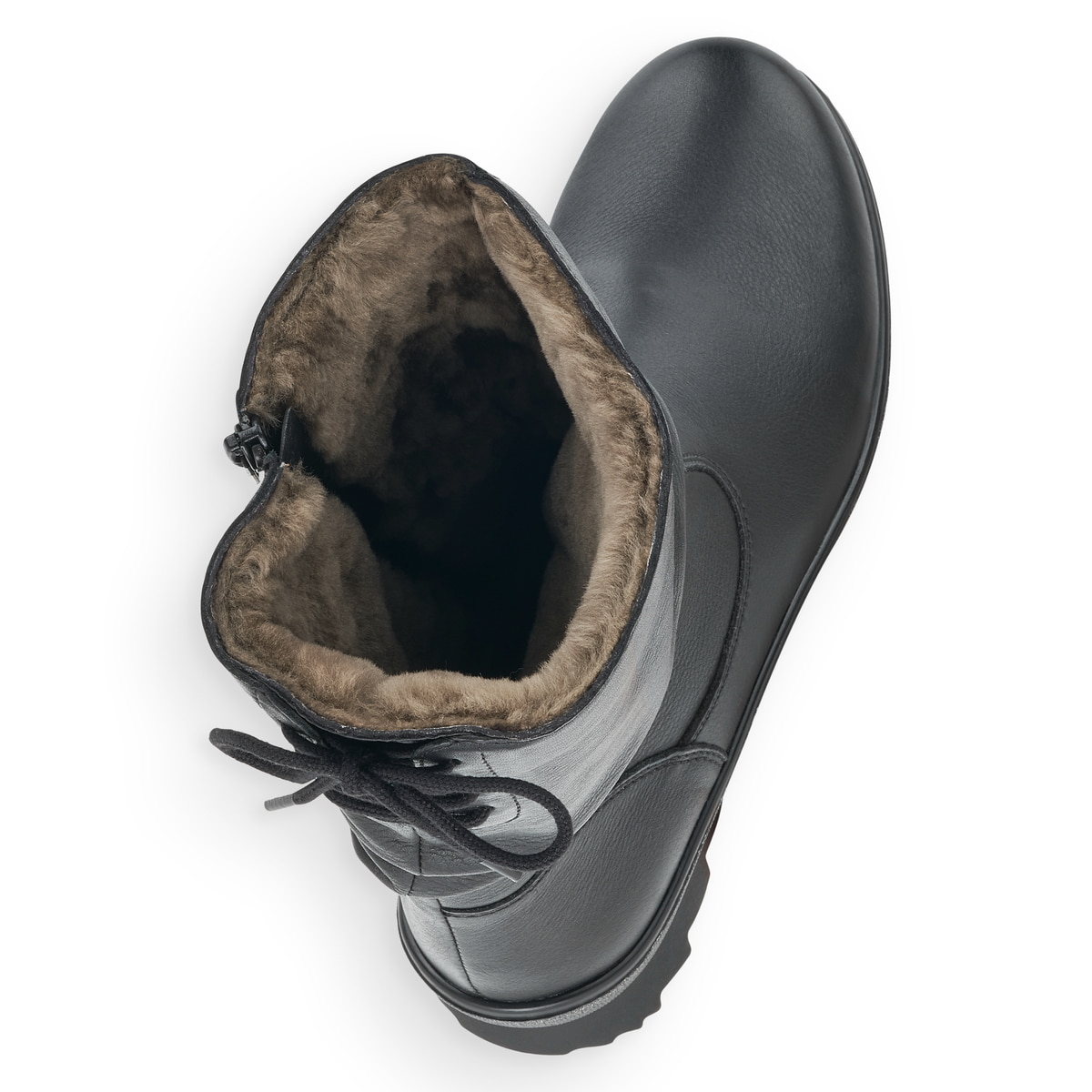 Tiefschwarze remonte Damen Kurzstiefel R8471-01 mit Schnürung auf der Rückseite. Schuh von oben, liegend.
