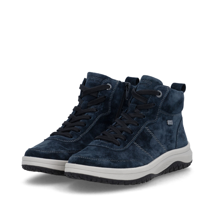 Dunkelblaue remonte Damen Schnürstiefel D3Q70-14. Schuhpaar seitlich schräg.