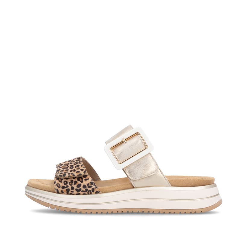 Goldene vegane remonte Damen Pantoletten D1J61-91 mit angesagtem Animal-Print. Schuh Außenseite.