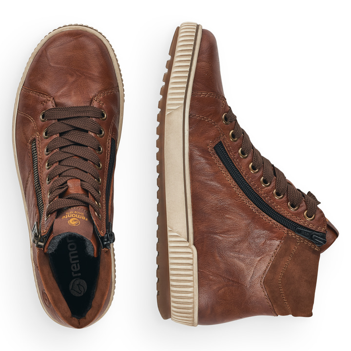 Braune remonte Damen Schnürstiefel D0772-22 mit wasserabweisender TEX-Membran. Schuh von oben, liegend.