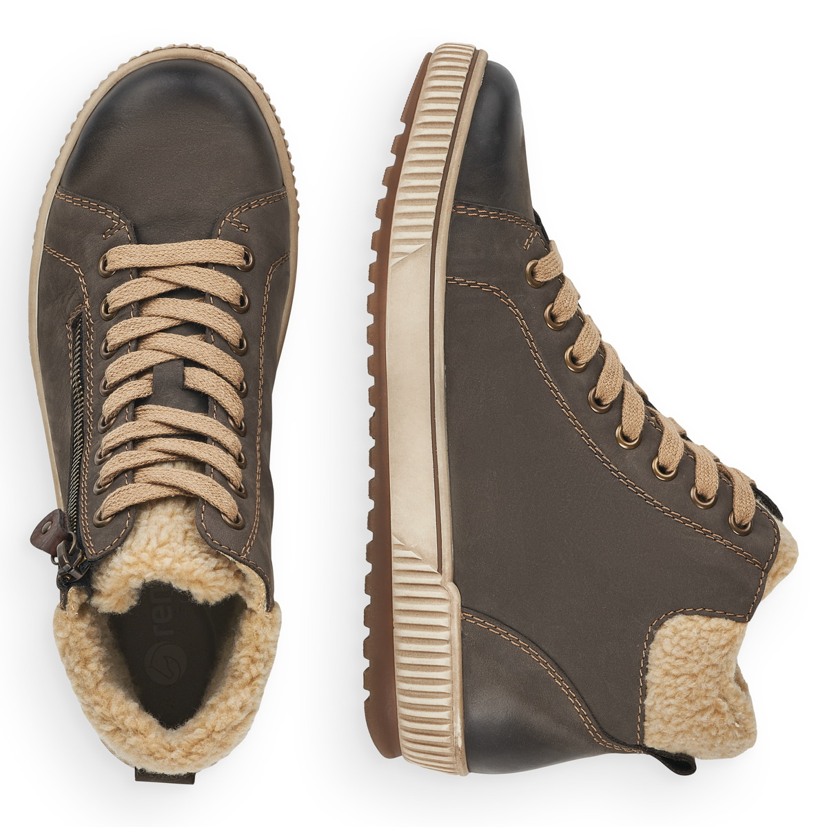 Graue remonte Damen Schnürschuhe D0770-45 mit wasserabweisender TEX-Membran. Schuh von oben, liegend.