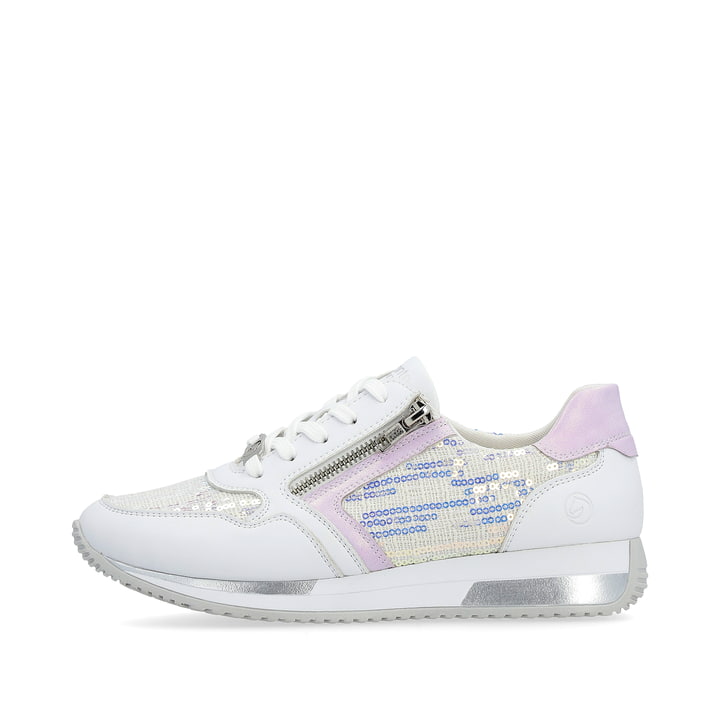 Reinweiße vegane remonte Damen Sneaker D0H12-80 mit einem Reißverschluss. Schuh Außenseite.