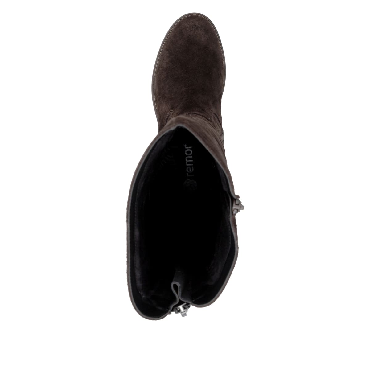 Dunkelbraune remonte Hochschaftstiefel R6581-25. Schuh von oben.
