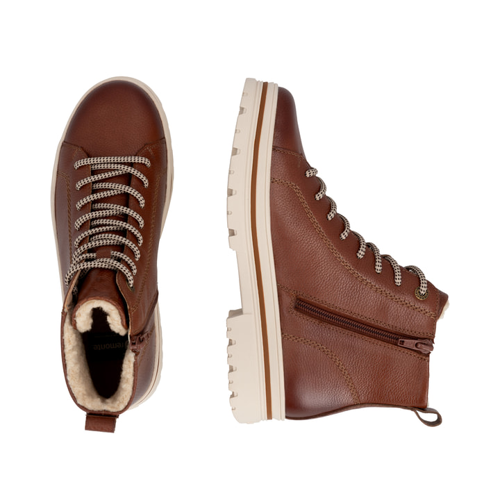 Braune remonte Damen Schnürstiefel D2U75-24 mit wasserabweisender TEX-Membran. Schuh von oben, liegend.