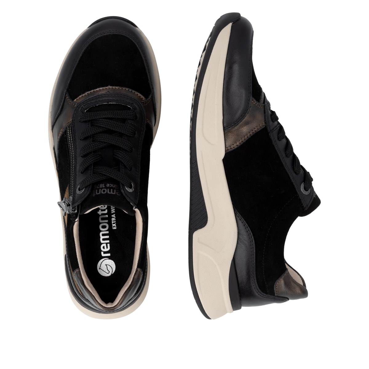 Baskets basses remonte noires femmes D3V00-03 avec membrane remonteTEX. Chaussure vue de dessus, couchée.