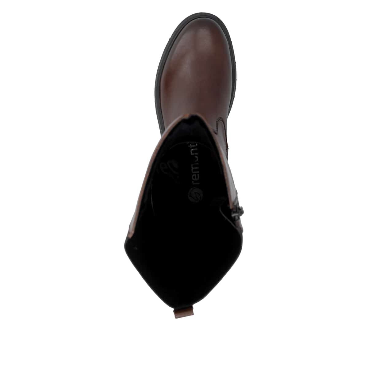 Dunkelbraune remonte Hochschaftstiefel D1W77-25 mit einem Reißverschluss. Schuh von oben.