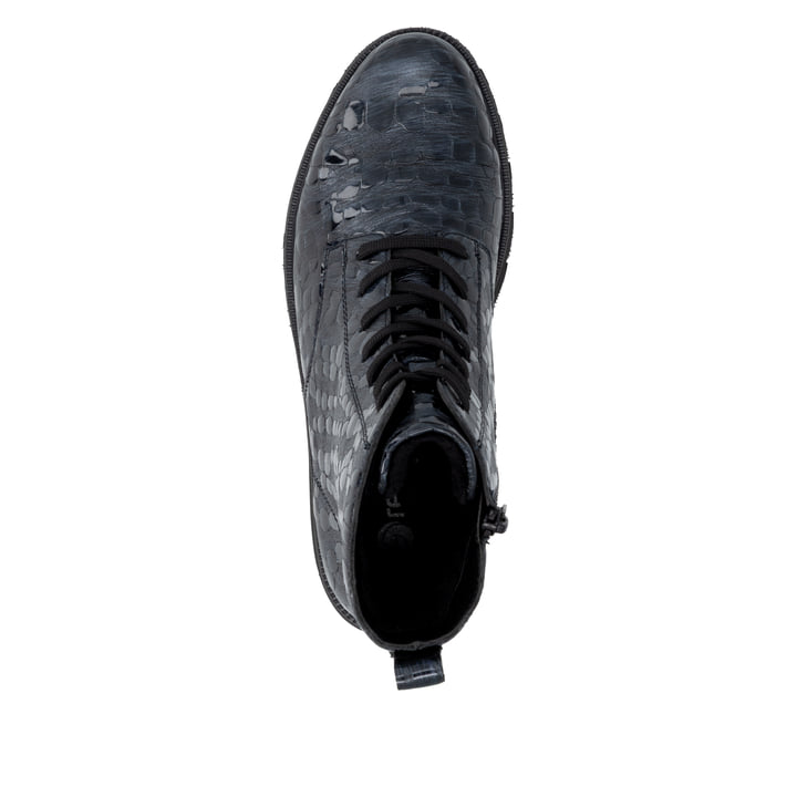 Dunkelblaue remonte Damen Schnürstiefel D3S72-14 mit einem Reißverschluss. Schuh von oben.