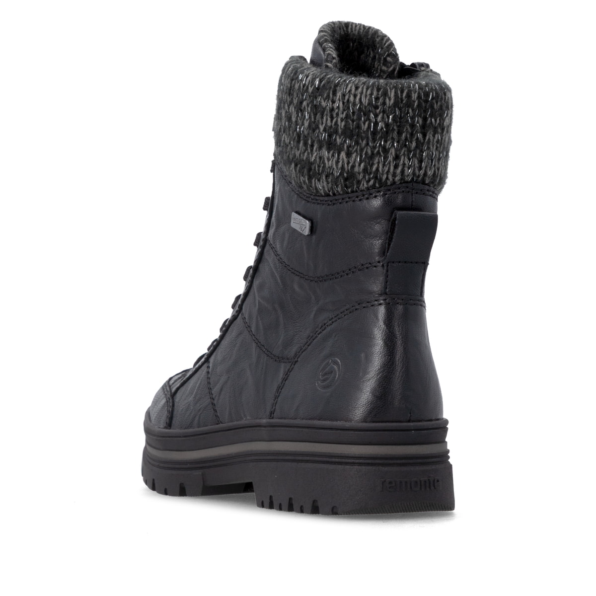 Schwarze remonte Damen Schnürstiefel D2U70-03 mit wasserabweisender TEX-Membran. Schuh von hinten.