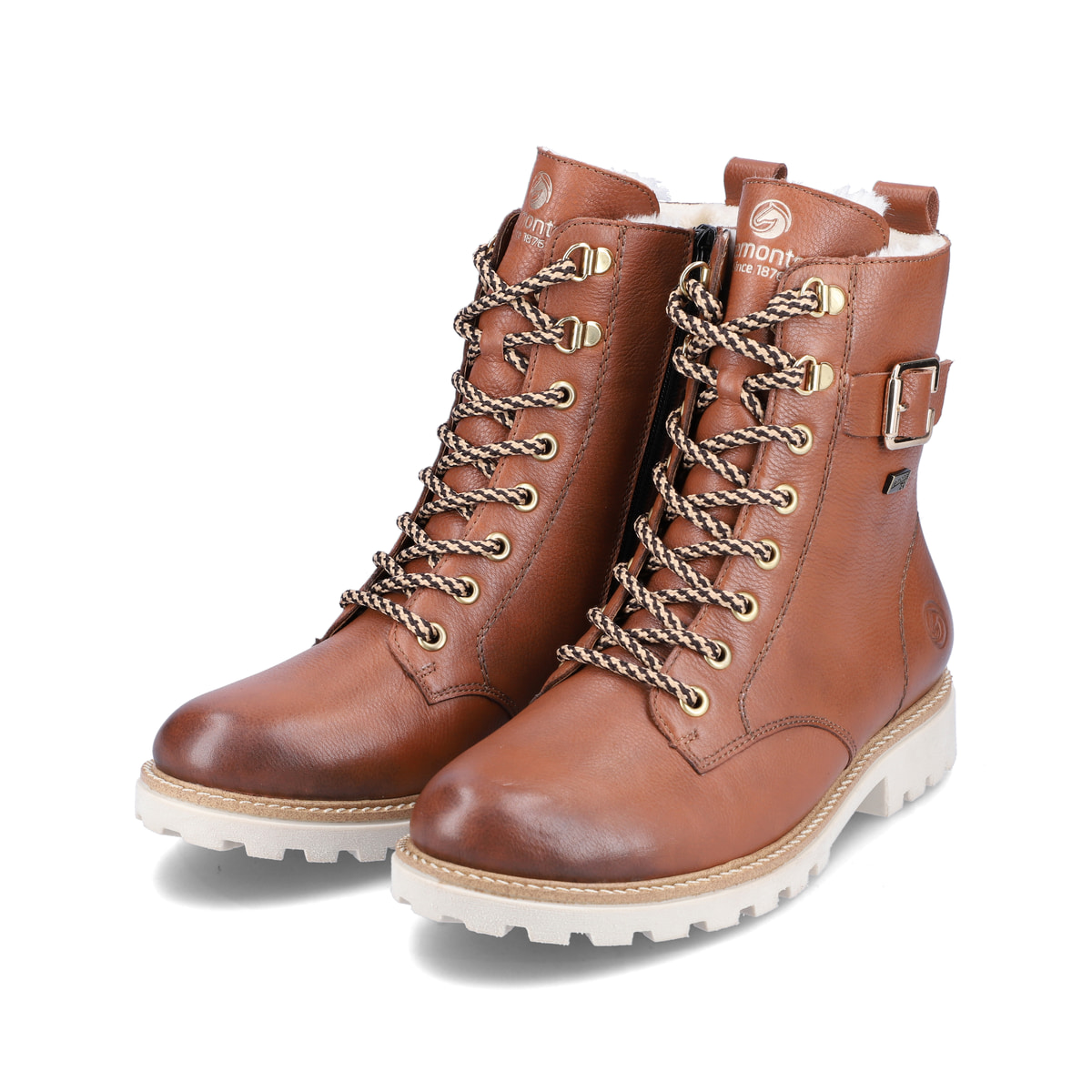 Braune remonte Damen Schnürstiefel D8475-24 mit wasserabweisender TEX-Membran. Schuhpaar seitlich schräg.
