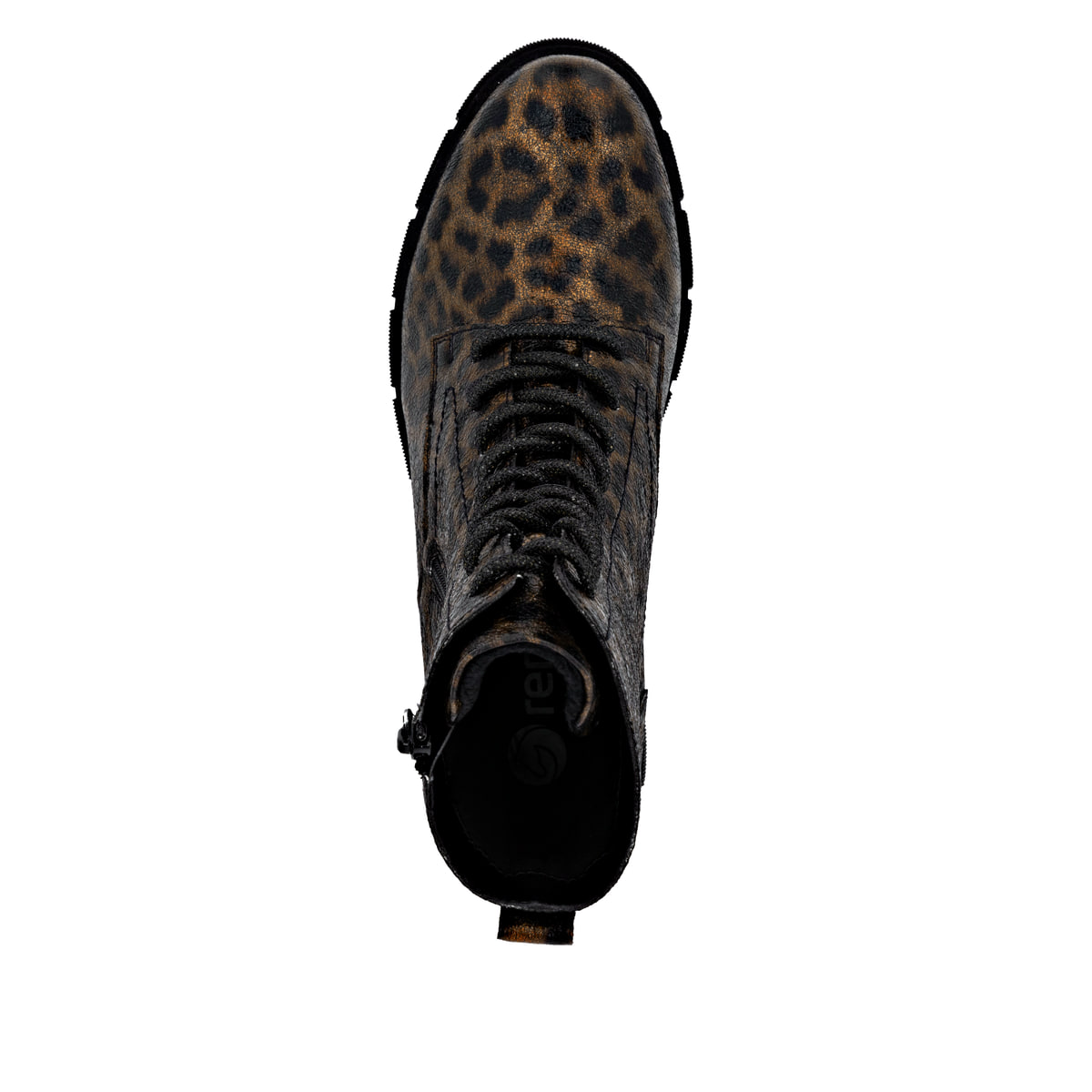 Braunschwarze remonte Damen Schnürstiefel D2S72-90 mit Leo-Print. Schuh von oben.
