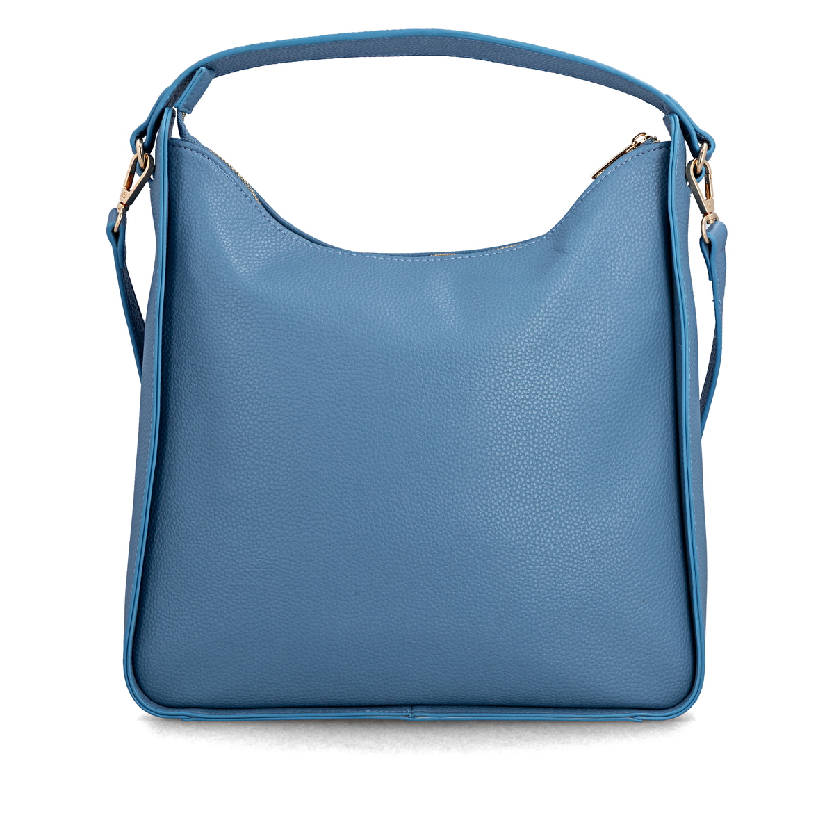 Sac à main remonte Q0730-14 bleu avec détails dorés et fermeture éclair. Arrière.