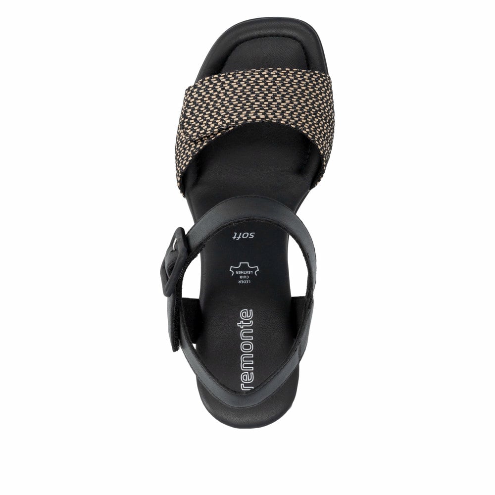Schwarze remonte Riemchensandaletten D1K51-04 mit einem Klettverschluss. Schuh von oben.