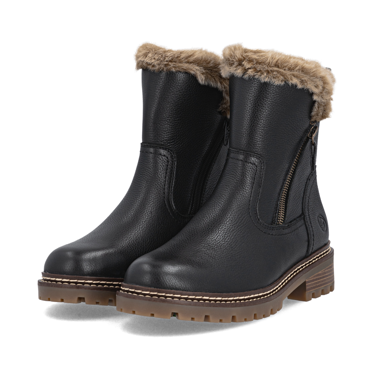 Schwarze remonte Damen Kurzstiefel D0B83-03 mit wasserabweisender TEX-Membran. Schuhpaar seitlich schräg.