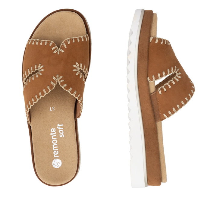 Braune remonte Damen Pantoletten D3P51-22 mit handgestickten Nähten. Schuh von oben, liegend.