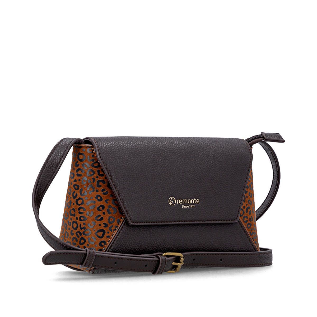 remonte Umhängetasche Q0676-25 in Braun-Kombi mit Reißverschluss, verstellbarem Schulterriemen und Animal Print. Linksseitig.